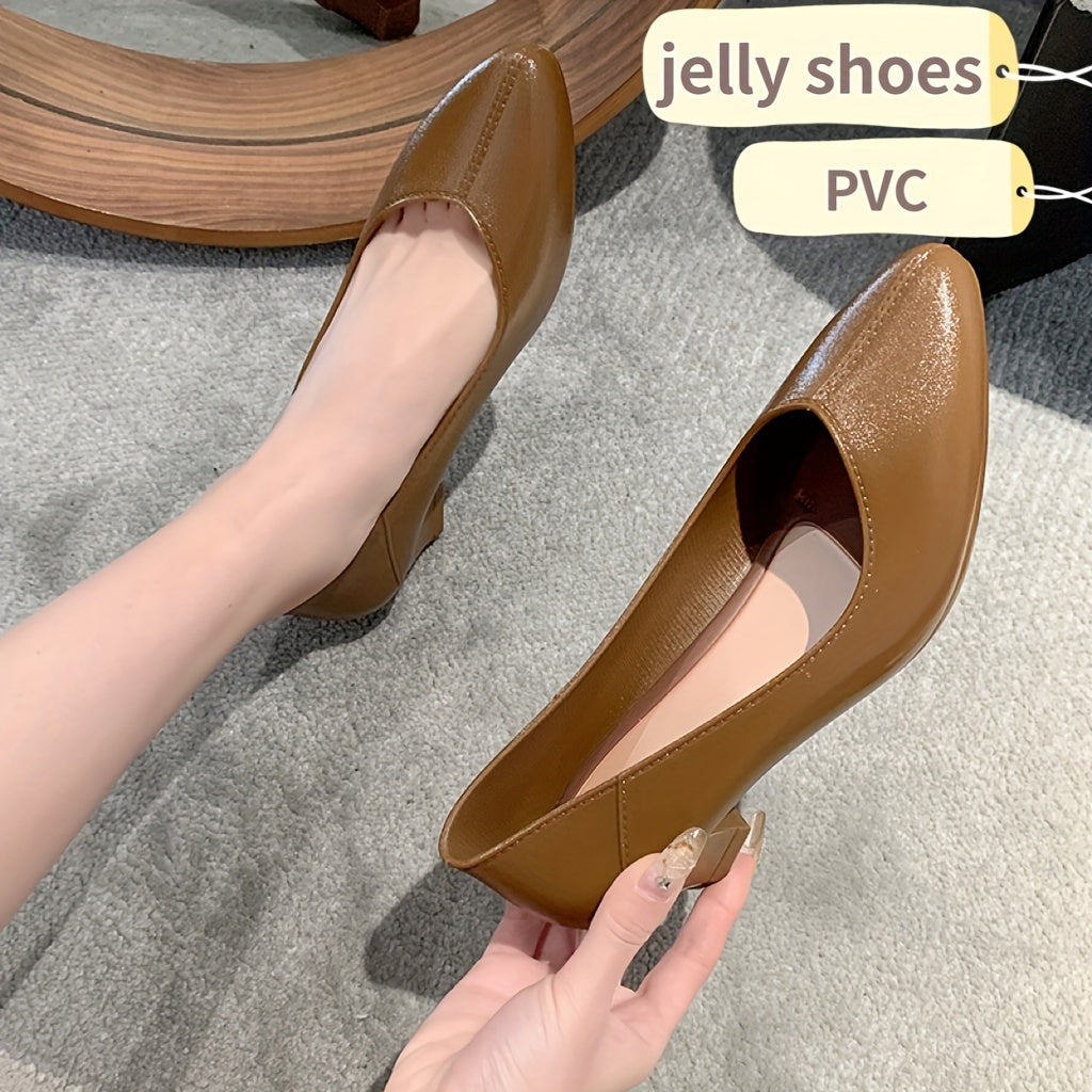 Women's PVC Chunky Heel Pumps with Pointed Toe and Slip-On Design