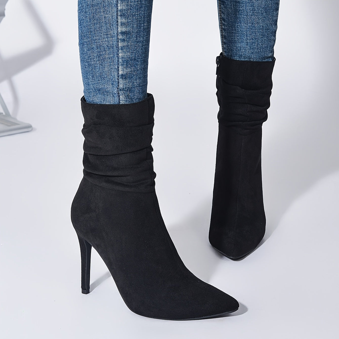 Women's Pink Velvet Pointed Toe Stiletto Ankle Boots with Zipper