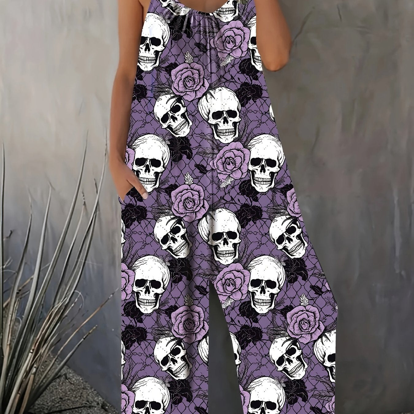 Plus Size Skull Print Slip Jumpsuit Casual Sleeveless Pockets Ruched Women
