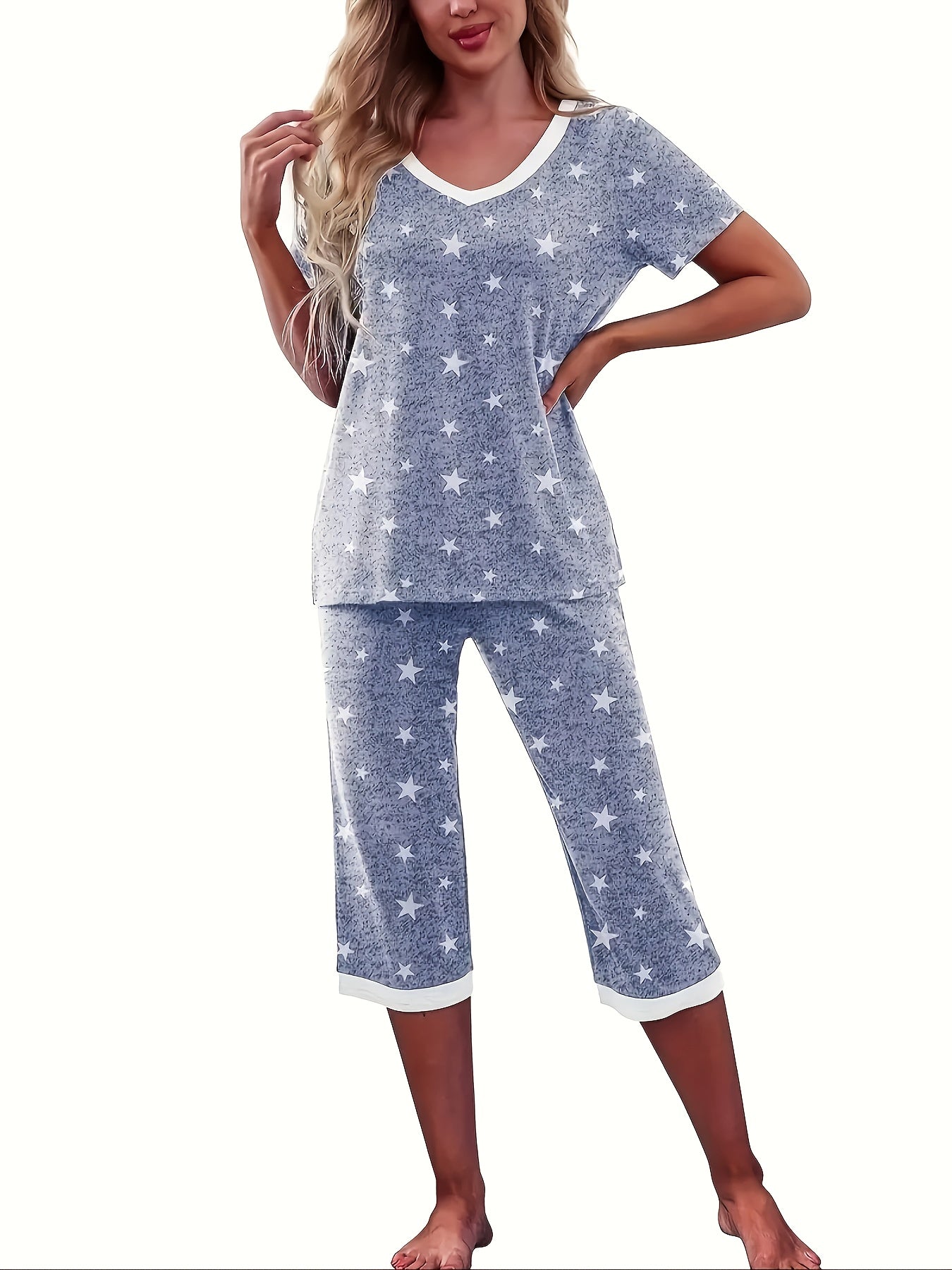 Women's Star Print V-Neck Short Sleeve Loungewear Set with Pockets