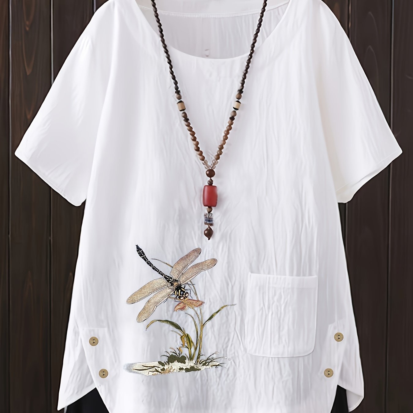 Plus o'lcham ayollar uchun erkin fitli qisqa sleeve bluz, jonli apelsin rangli dragonfly bosimi