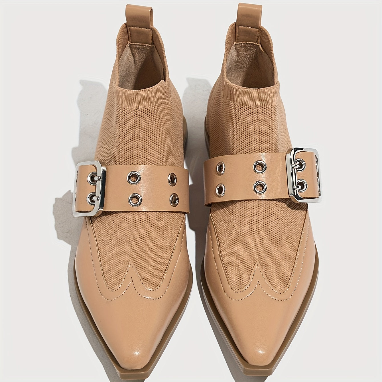 Women's Stretch Slip-On Ankle Booties with Buckle Flat Heel Pointed Toe