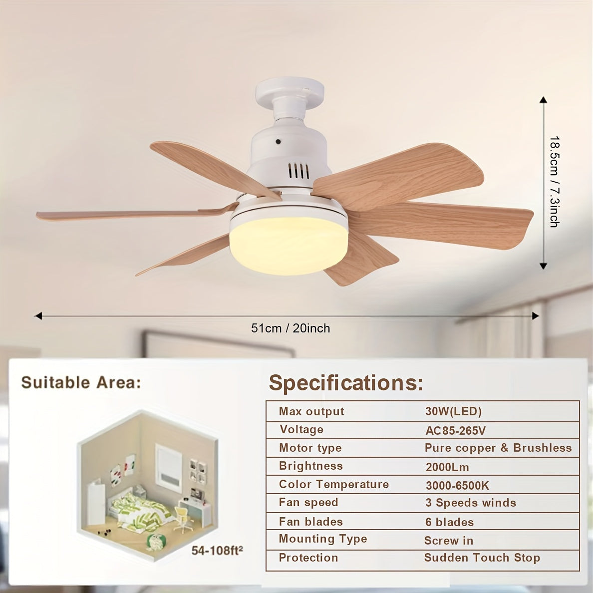 LED Smart Fan Light with Remote Control 2-in-1 E26/E27 Socket Square Blade Ceiling Fan