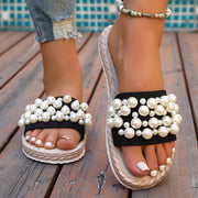 Women's Pearl Slide Sandals Lightweight Fabric Beige Open Toe Casual Slippers