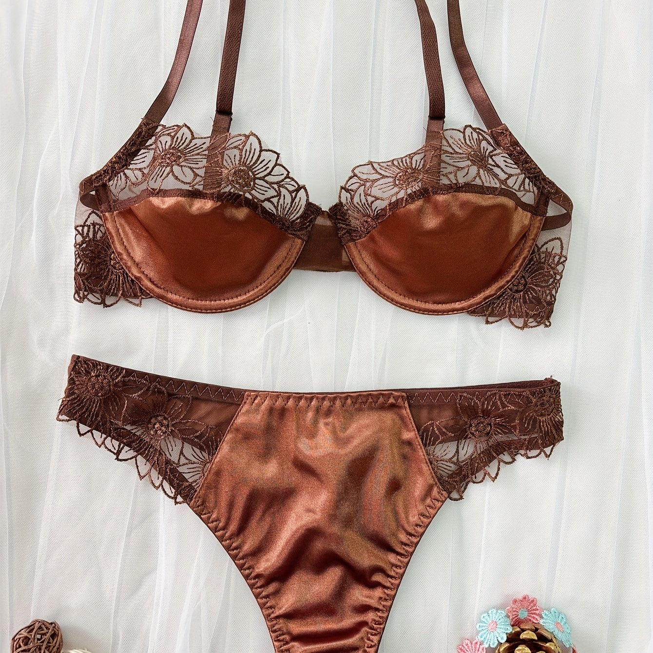 Women's Floral Embroidered Lingerie Set with Underwire Bra and Panty