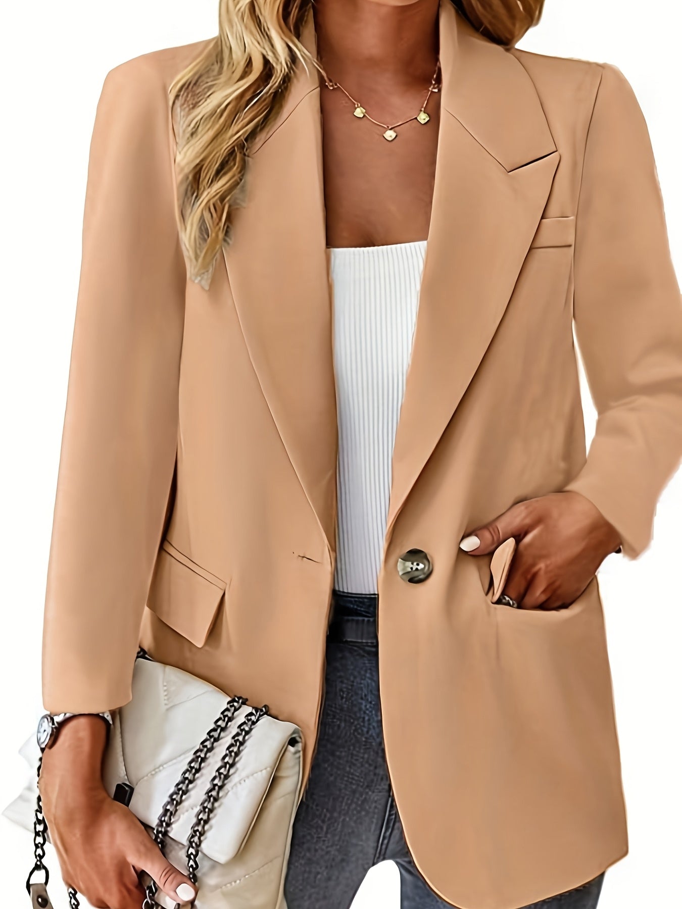 Women's Casual Solid Color Polyester Blazer with Pockets Long Sleeve Regular Fit
