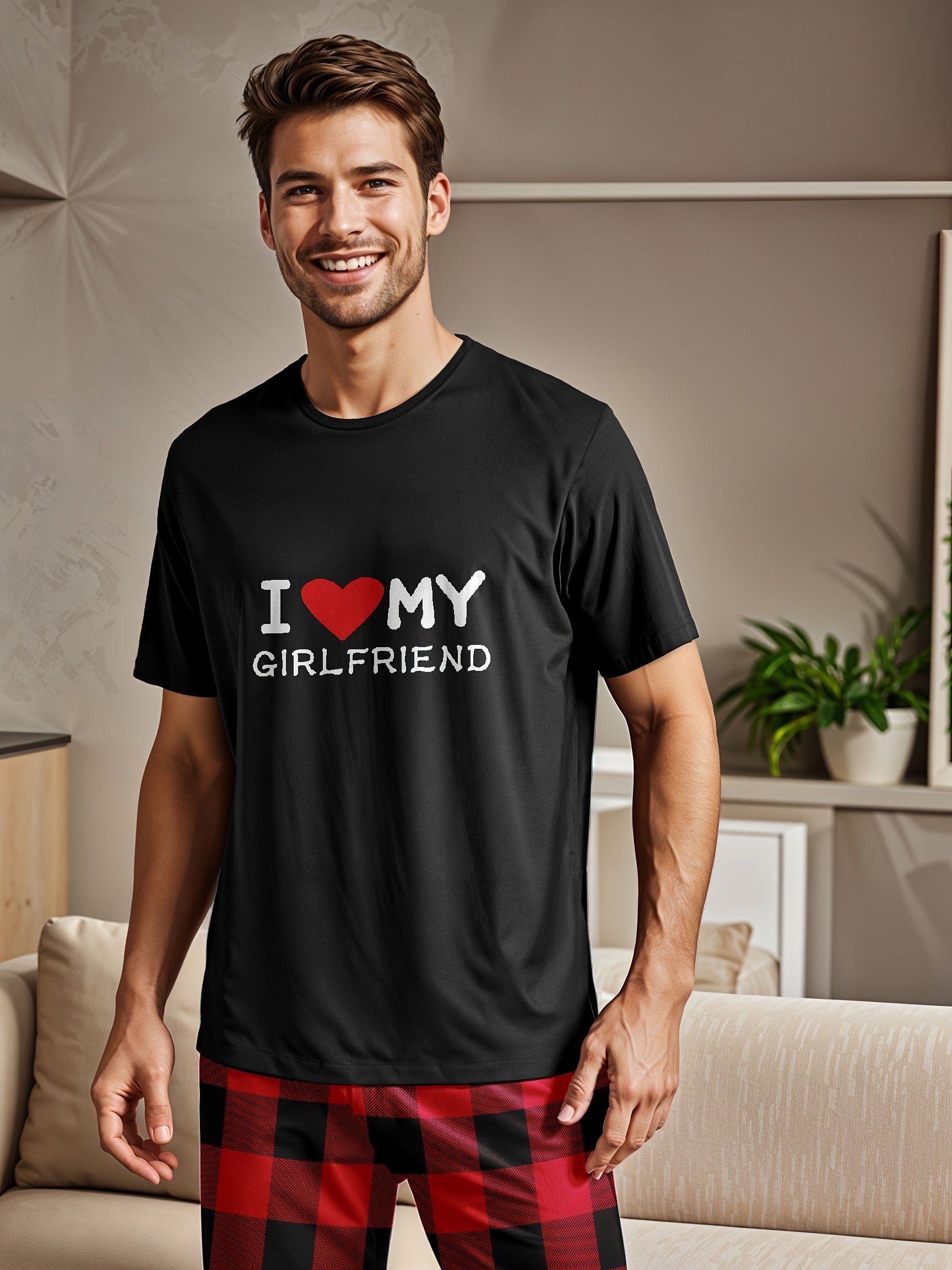Men's and Women's Couple Pajama Set with "I Love My Girlfriend" T-Shirt and Red Checkered Pants