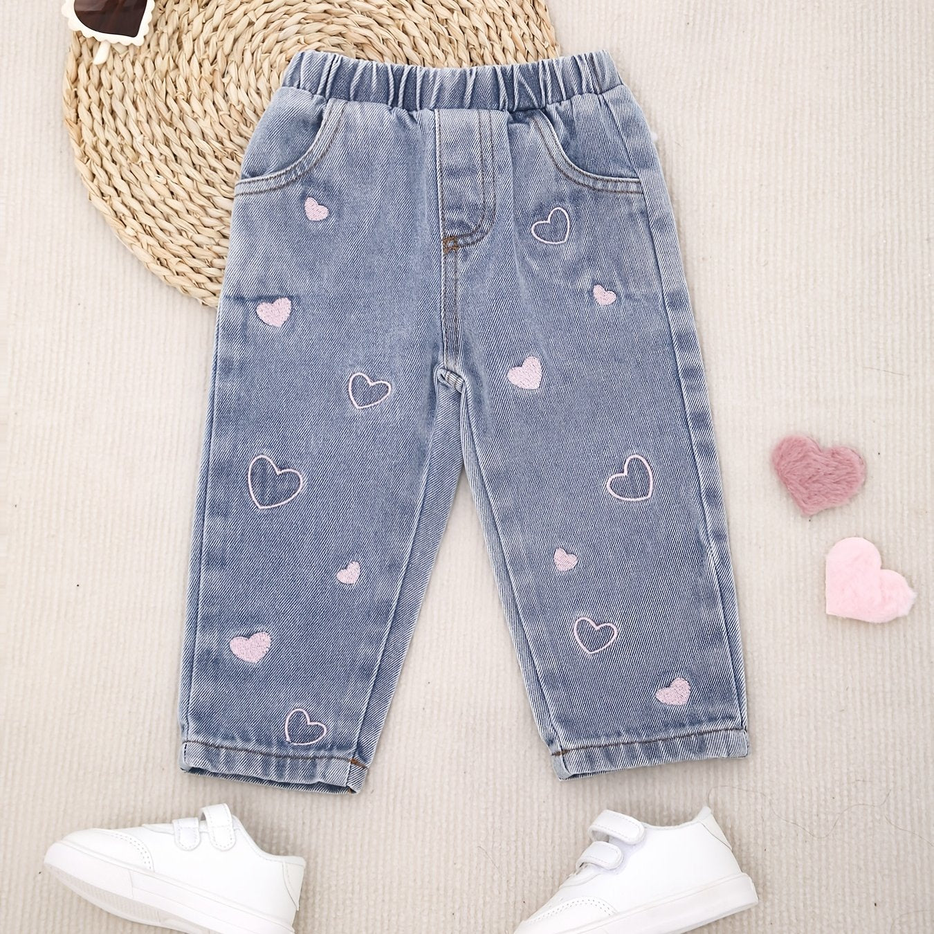 Джинсы для девочек с вышивкой в виде сердца, из смеси вискозы, моющиеся в машине, для весны и осени