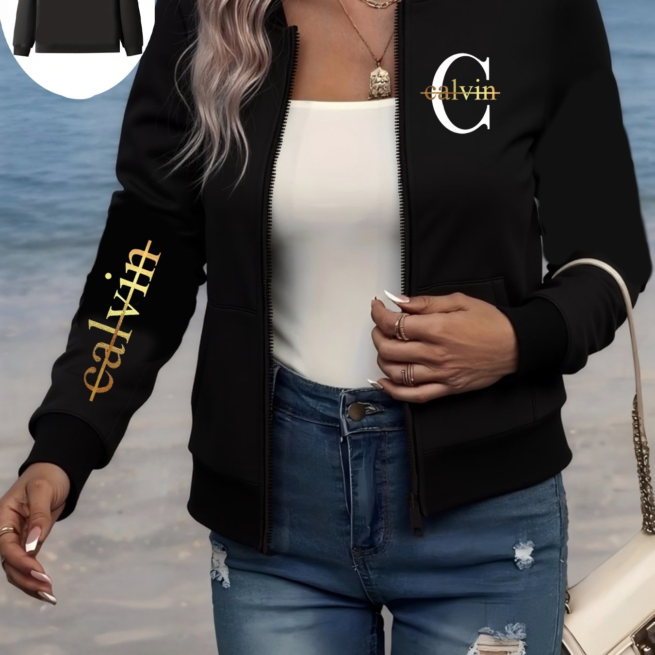Plus Size Women's Casual Baseball Collar Zip-Up Jacket with Pockets Black Yellow