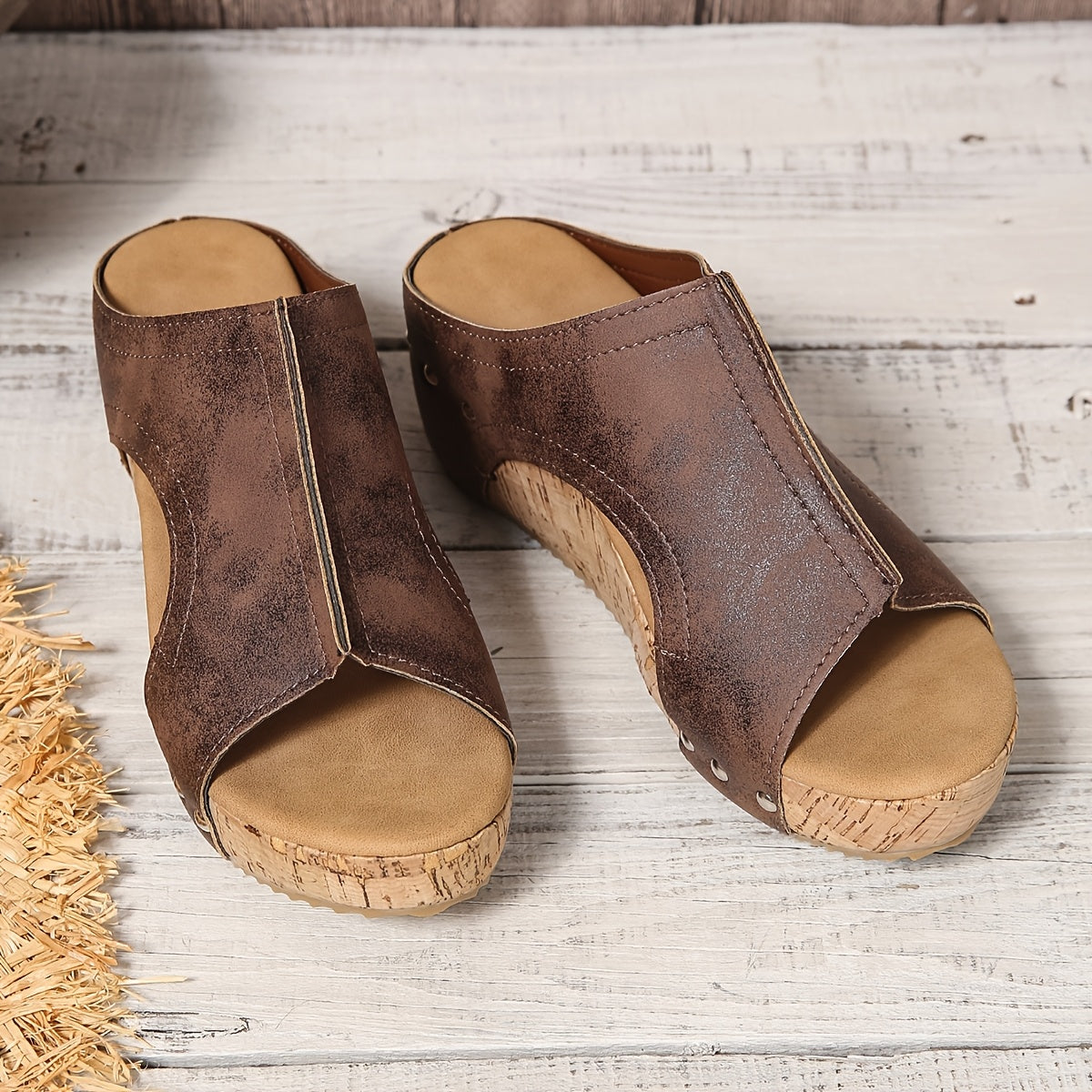 Women's Flat Heel Sandals Open Toe Slip-On Rivet Faux Leather Summer Shoes