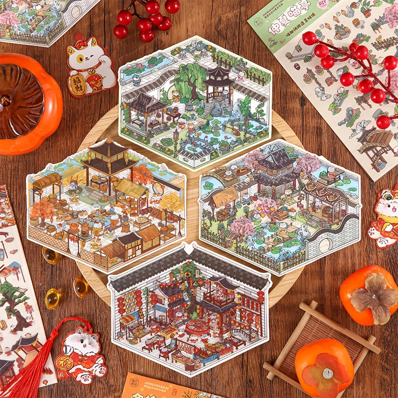 8 листов водонепроницаемых ПЭТ-наклеек с ретро 3D всплывающим новогодним национальным стилем для декорирования чашек, блокнотов, планировщиков, журналов и создания дизайнов.