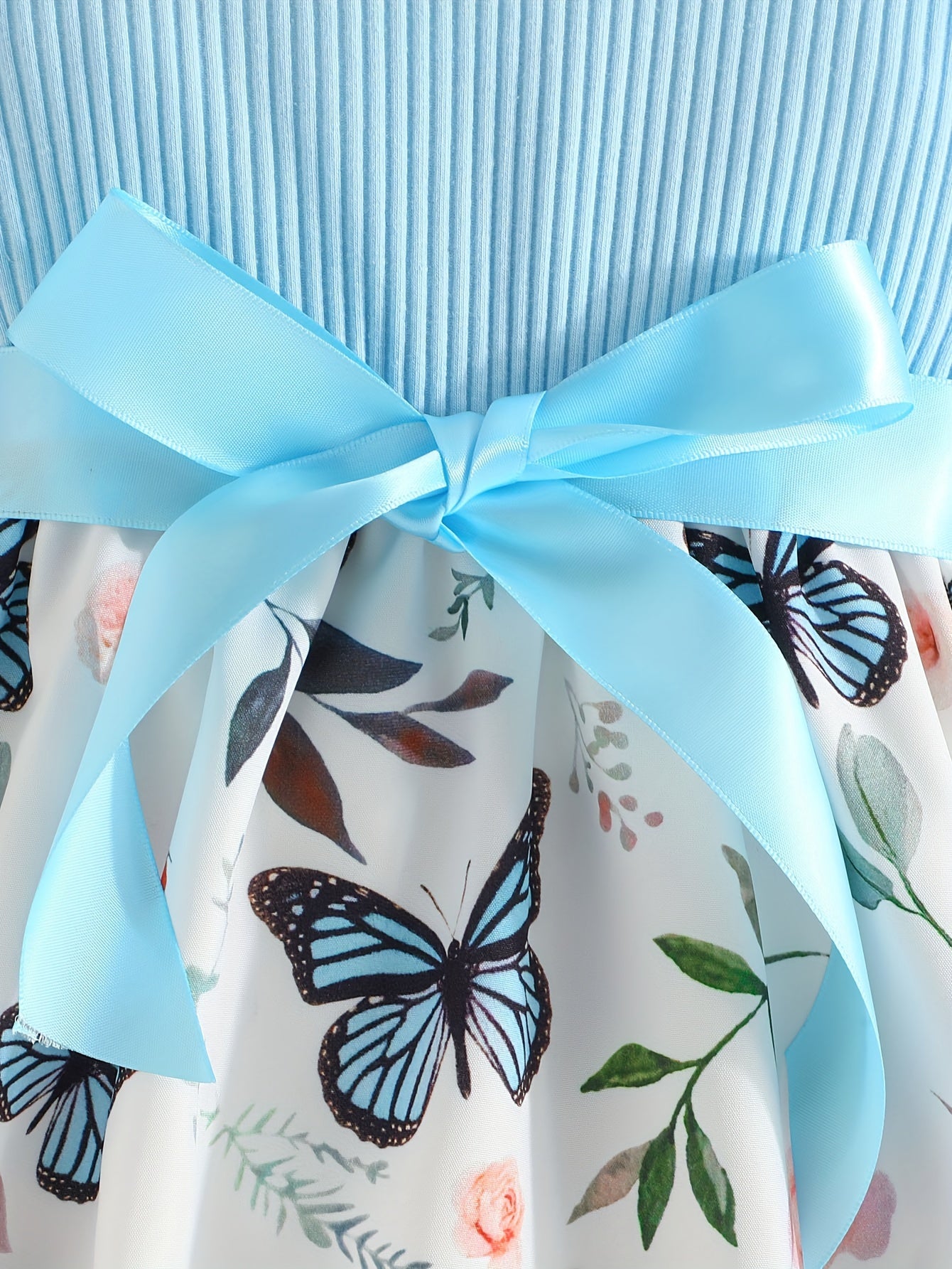 Girls Light Blue Ribbed Cotton Dress with Butterfly Floral Print Flutter Sleeves Belt Summer Casual