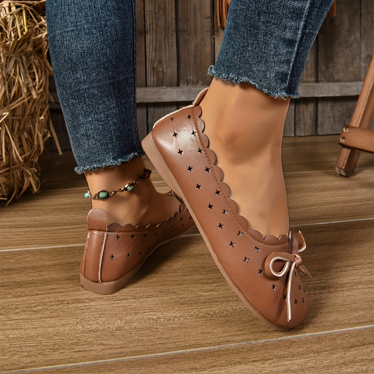 Women's All-Season Ballet Flats Breathable Slip-On Shoes with Bow Accents