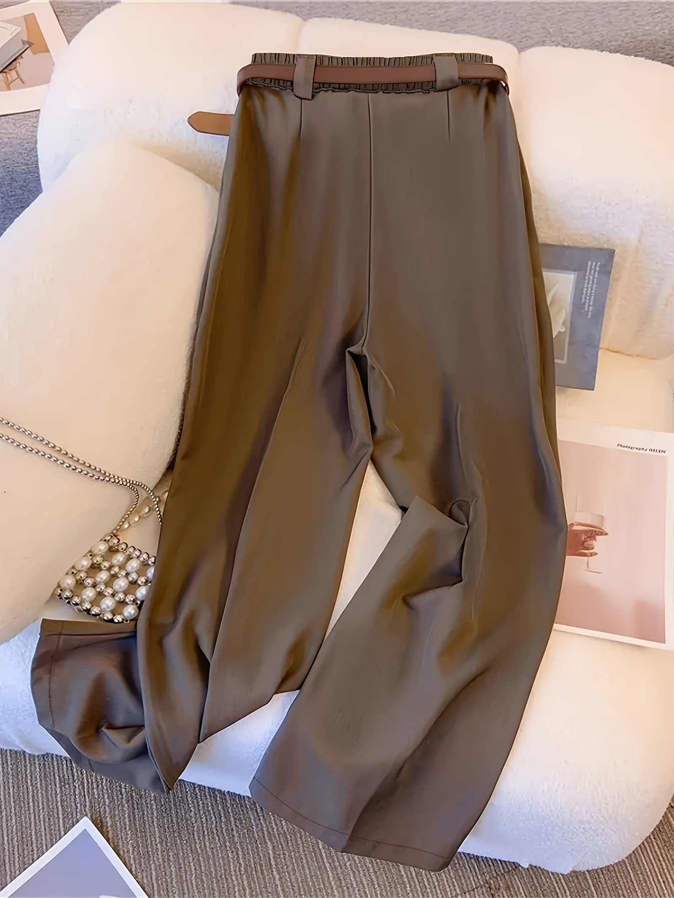 Women's High-Waist Wide Leg Pants Polyester Zipper Pleated Solid Color Elegant