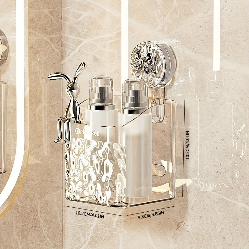 Cesta de almacenamiento para baño con ventosa y decoración de conejo y lazo