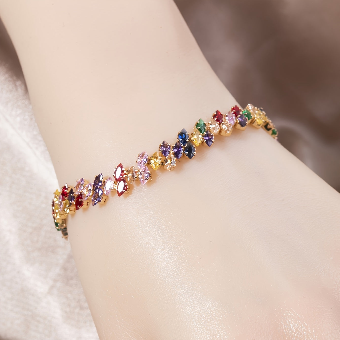 Women’s Copper Bracelet with Multicolor Glass Gemstones and Chain Link Design