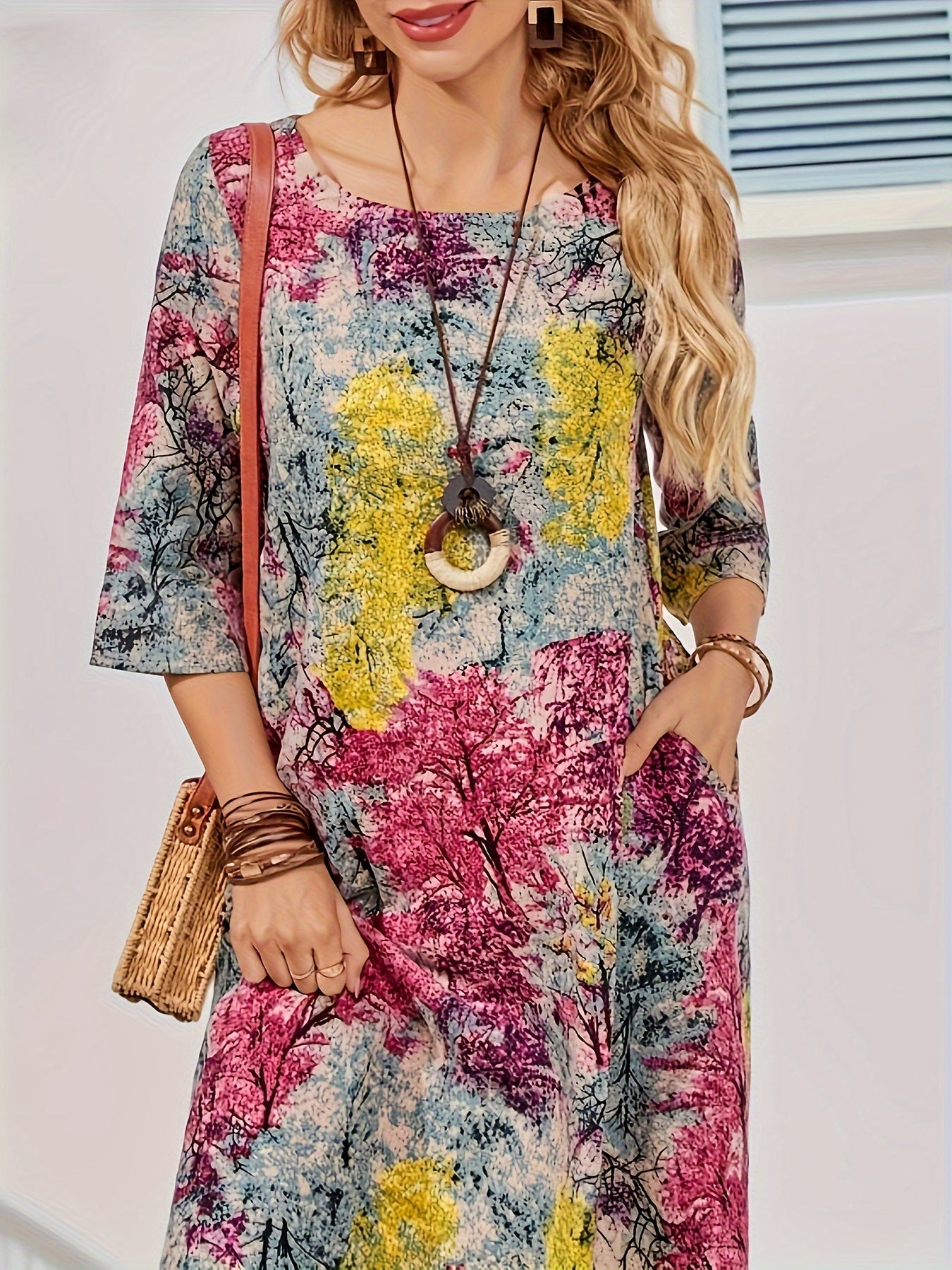 Vestido midi de tamaño grande con estampado geométrico y bolsillos para mujer, casual, verano y otoño
