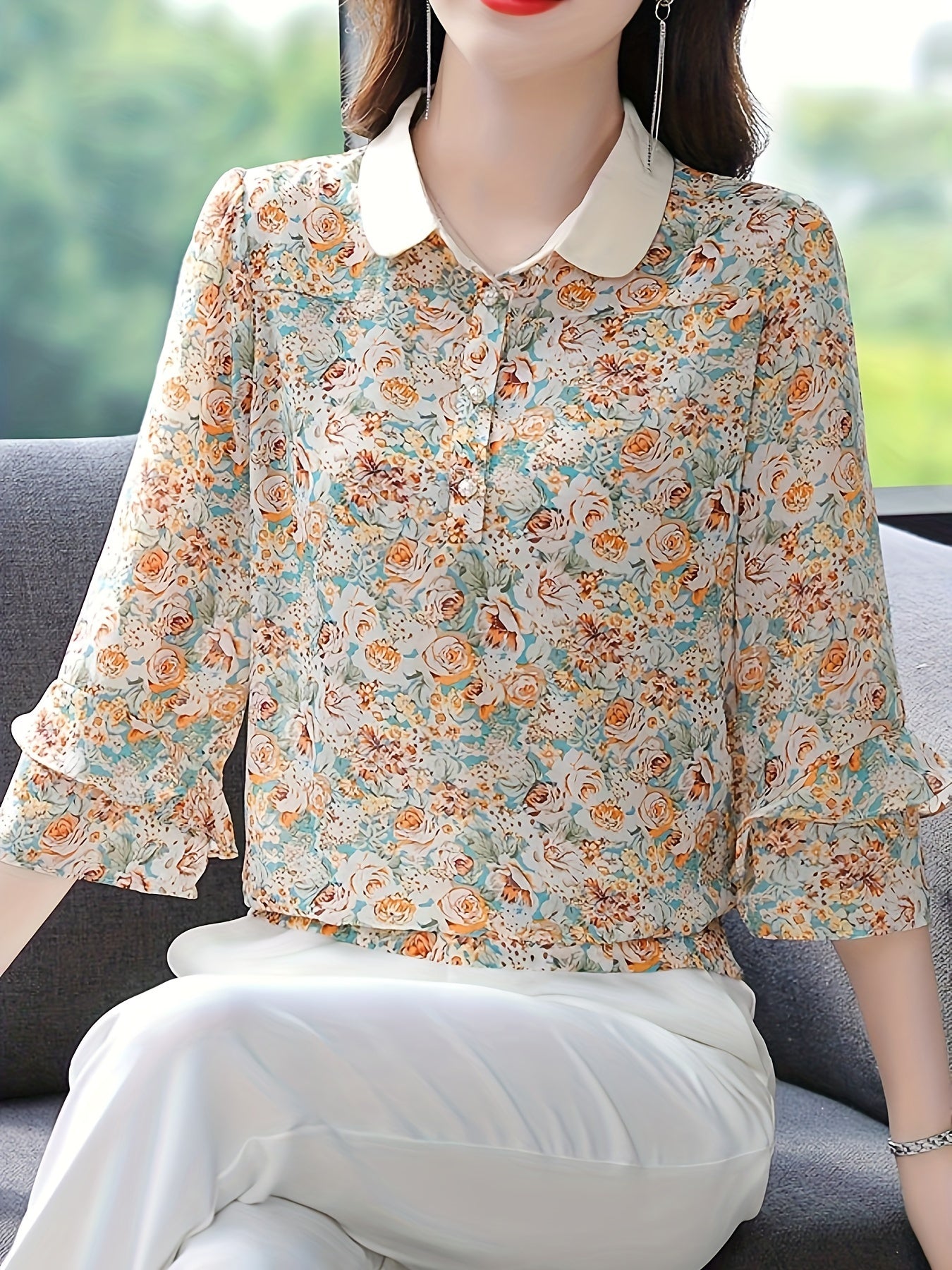 Блузка большого размера с цветочным принтом, элегантный воротник, многослойный топ с рукавами 3/4