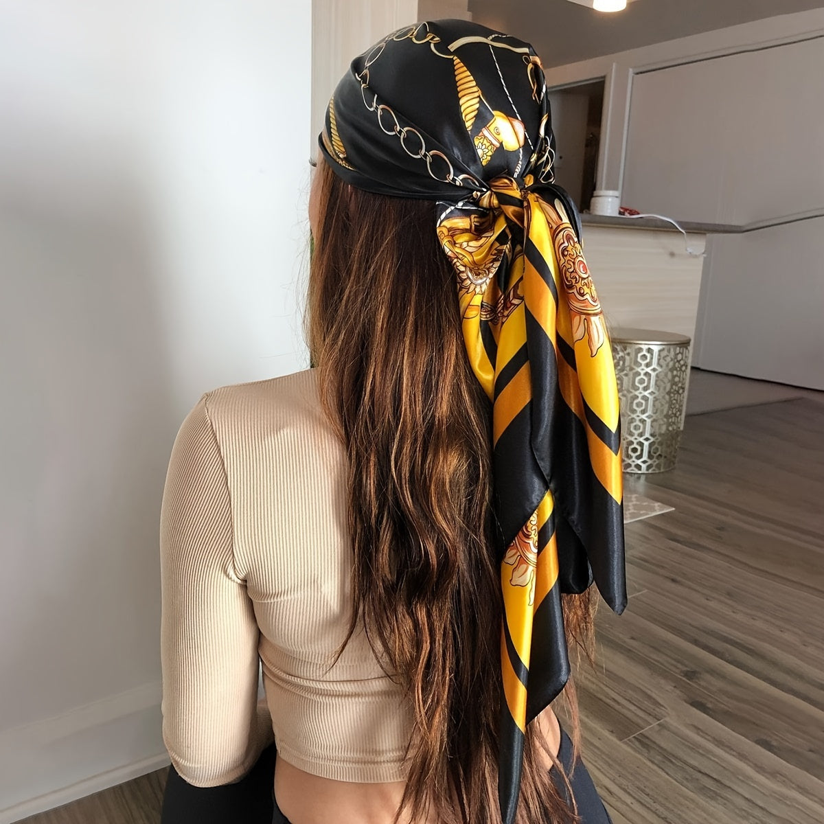 Colorful Block Printed Square Scarf 69.85cm Satin Neck Headscarf for Women