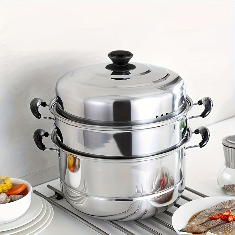 Stainless Steel 3-Tier Steamer Set for Vegetables Fish Bread Compatible with Induction Gas Stoves