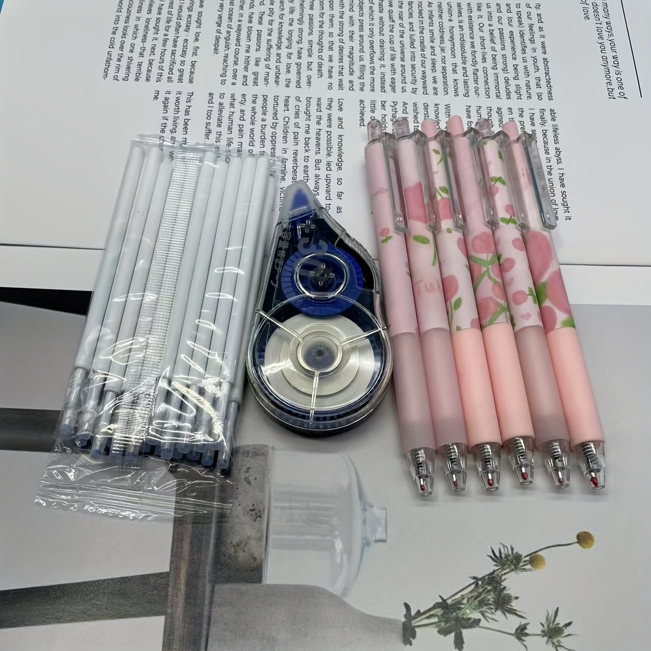 Set of 6 Pink Tulip and Red Rose Rollerball Pens Water-Based Ink Fast Dry Medium Point