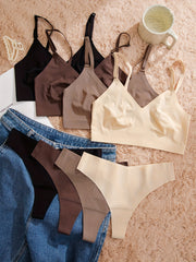 Seamless Solid Lingerie Sets for Women Wireless Bra and Elastic Thong Pack
