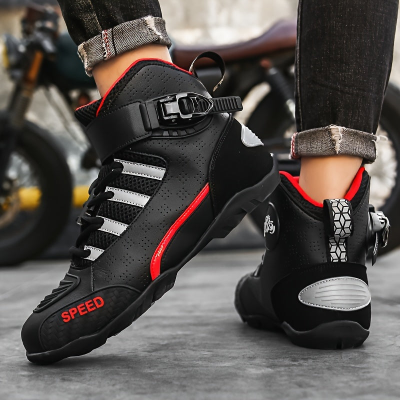 Men's Off-Road Motorcycle Riding Boots PU Leather Ankle High Breathable Perforated Protective Strap