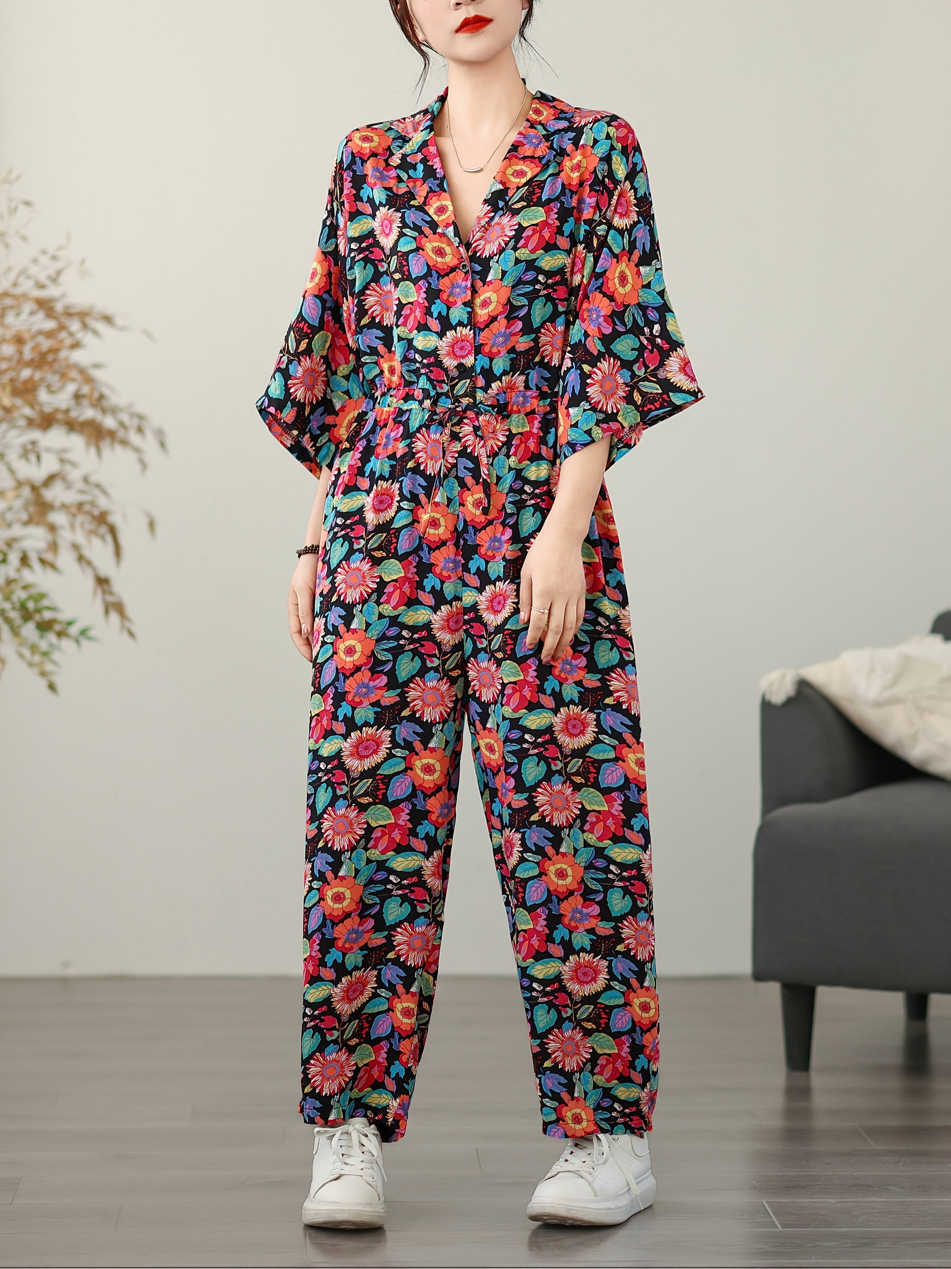 Women's Floral Print Summer Jumpsuit Loose Fit Short Sleeve Casual Dress