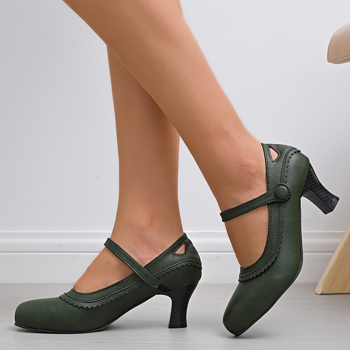 Women's Synthetic Chunky Mid-Heel Pumps with Round Toe and Decorative Strap