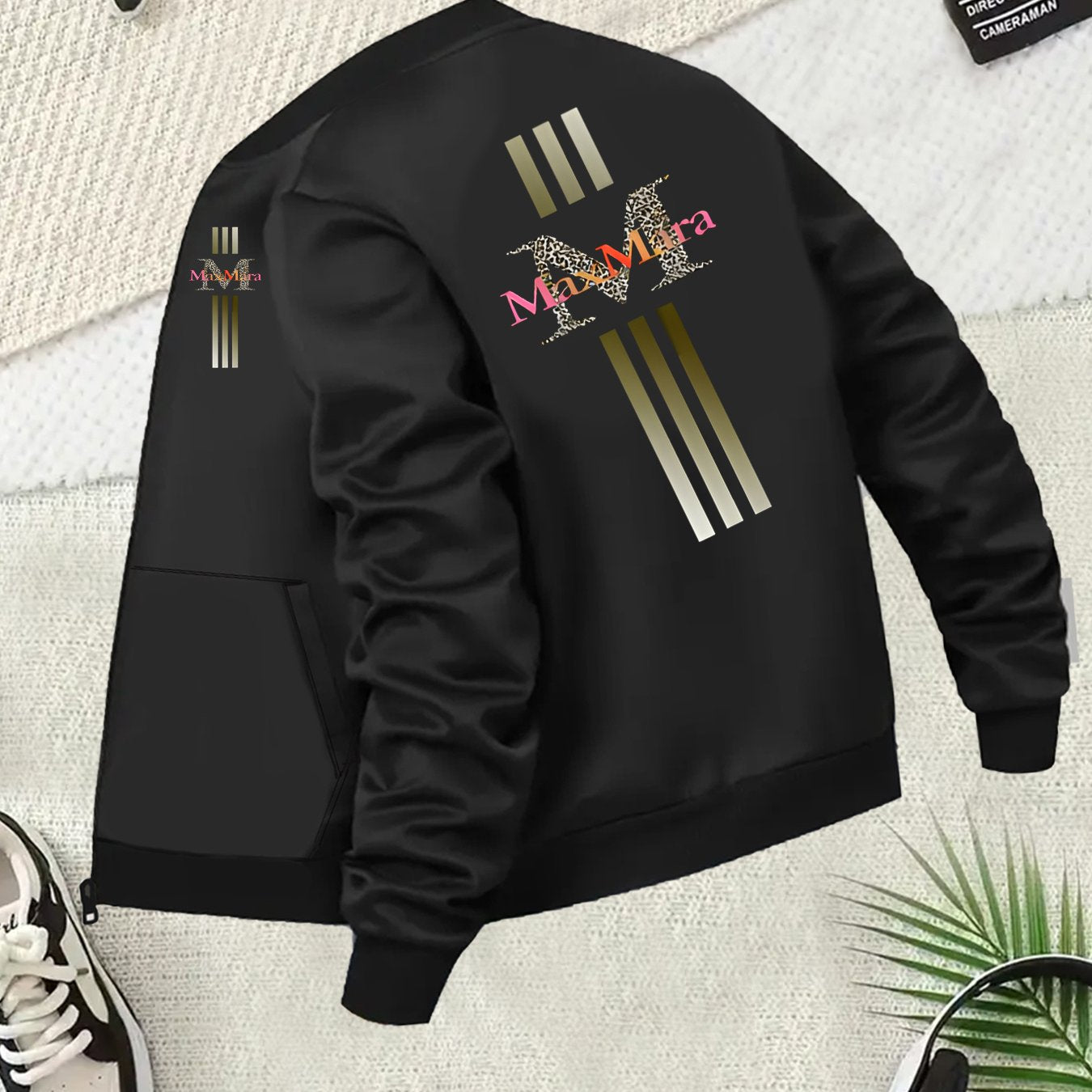 Women's Plus Size Casual Black Zip-Up Jacket with Golden Stripes