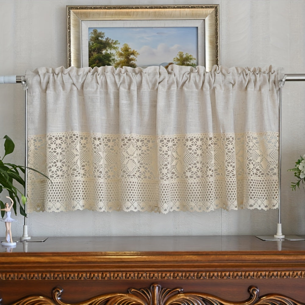 Vintage-Inspired Polyester Crochet Short Curtain with Splicing Detail for Kitchen