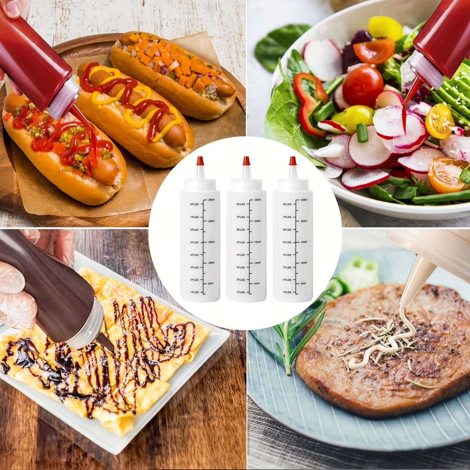 Set of 3 Plastic Squeeze Bottles 250ml Kitchen Use