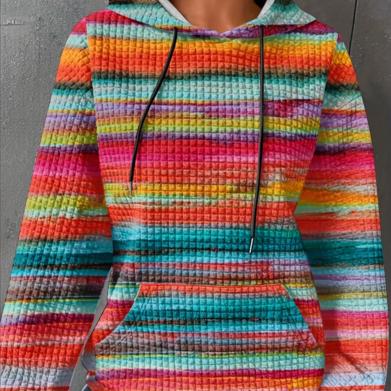 Plus Size Waffle Knit Hoodie with Drawstring and Kangaroo Pocket for Fall Winter