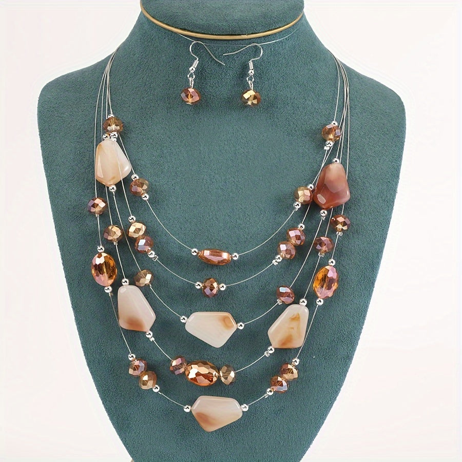 Boho Punk Jewelry Set Geometric Resin Beaded Necklace and Earrings for Women