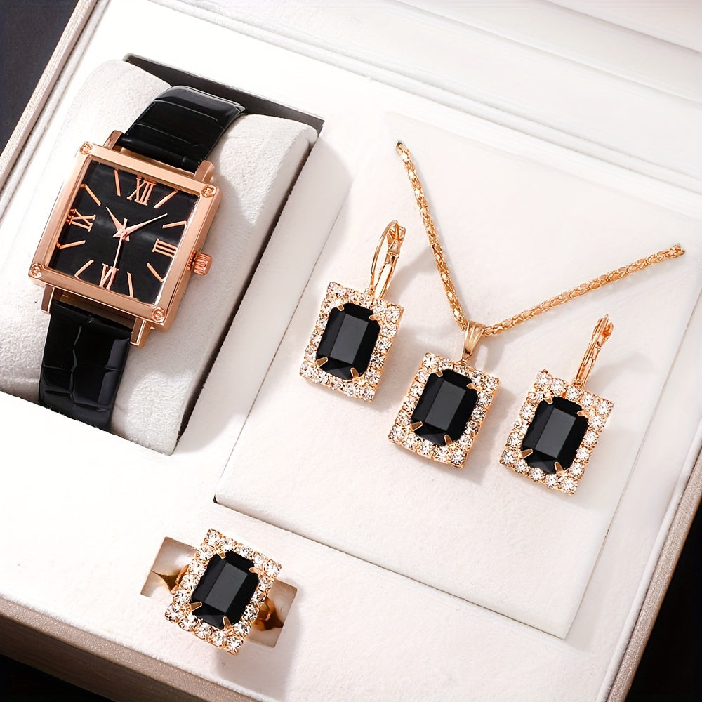 Set of 5 Women's Vintage Square Quartz Watches with Green Dial and Rhinestone Jewelry Set