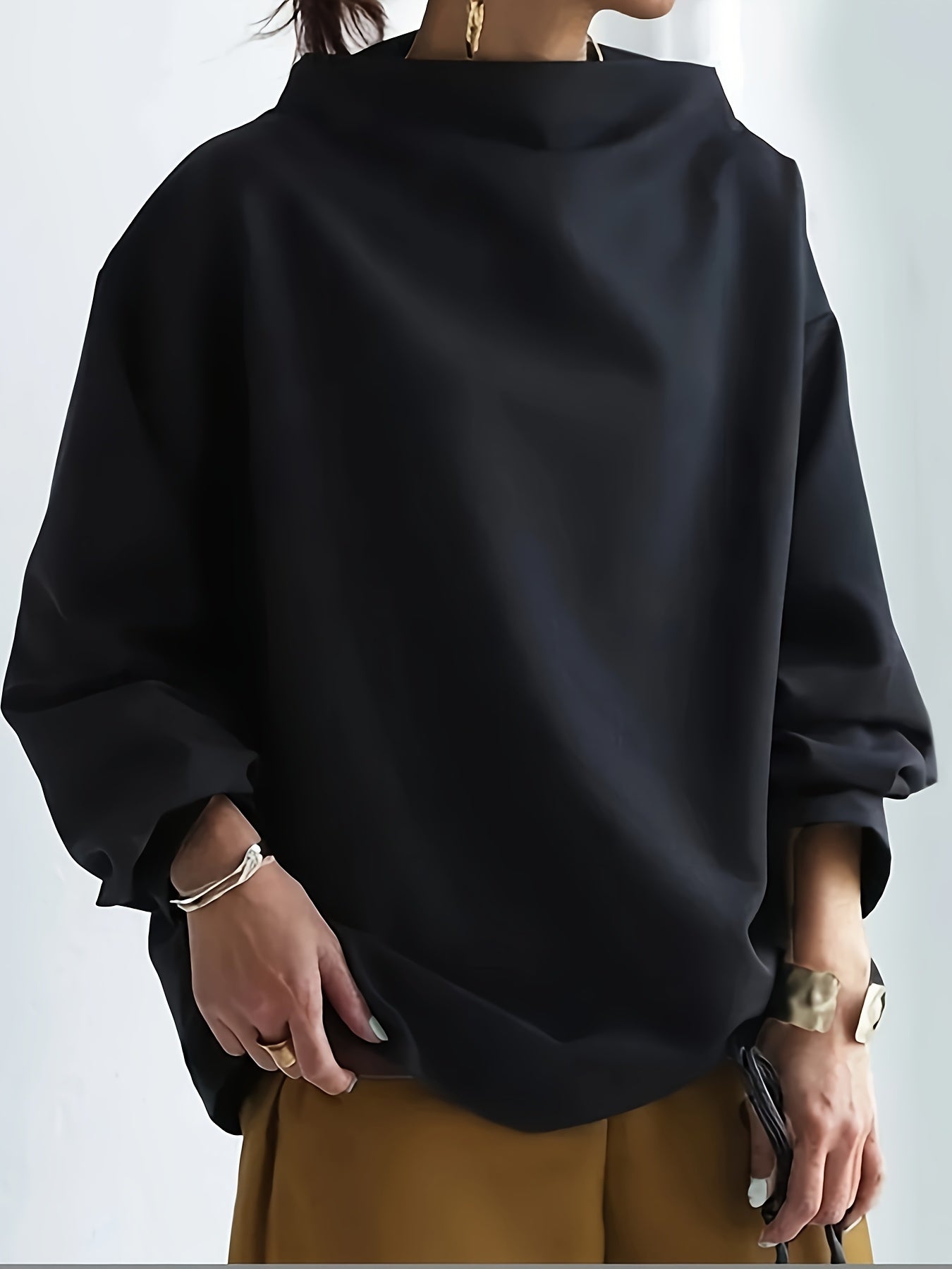 Plus Size Women's Black High-Neck Pullover Sweatshirt Casual Fall Winter