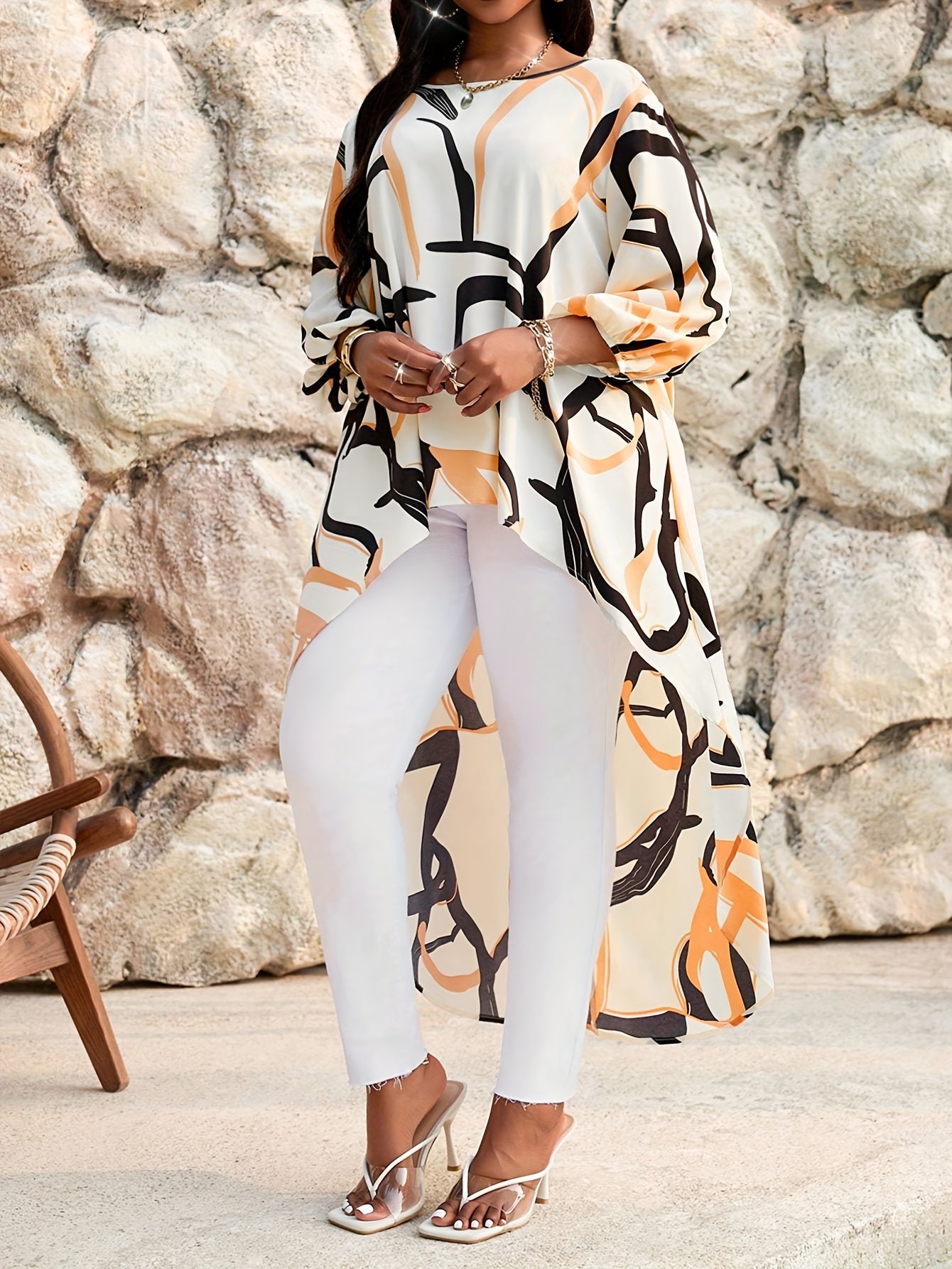 Women's Plus Size Abstract Print Blouse Summer Shirt with Asymmetrical Hem