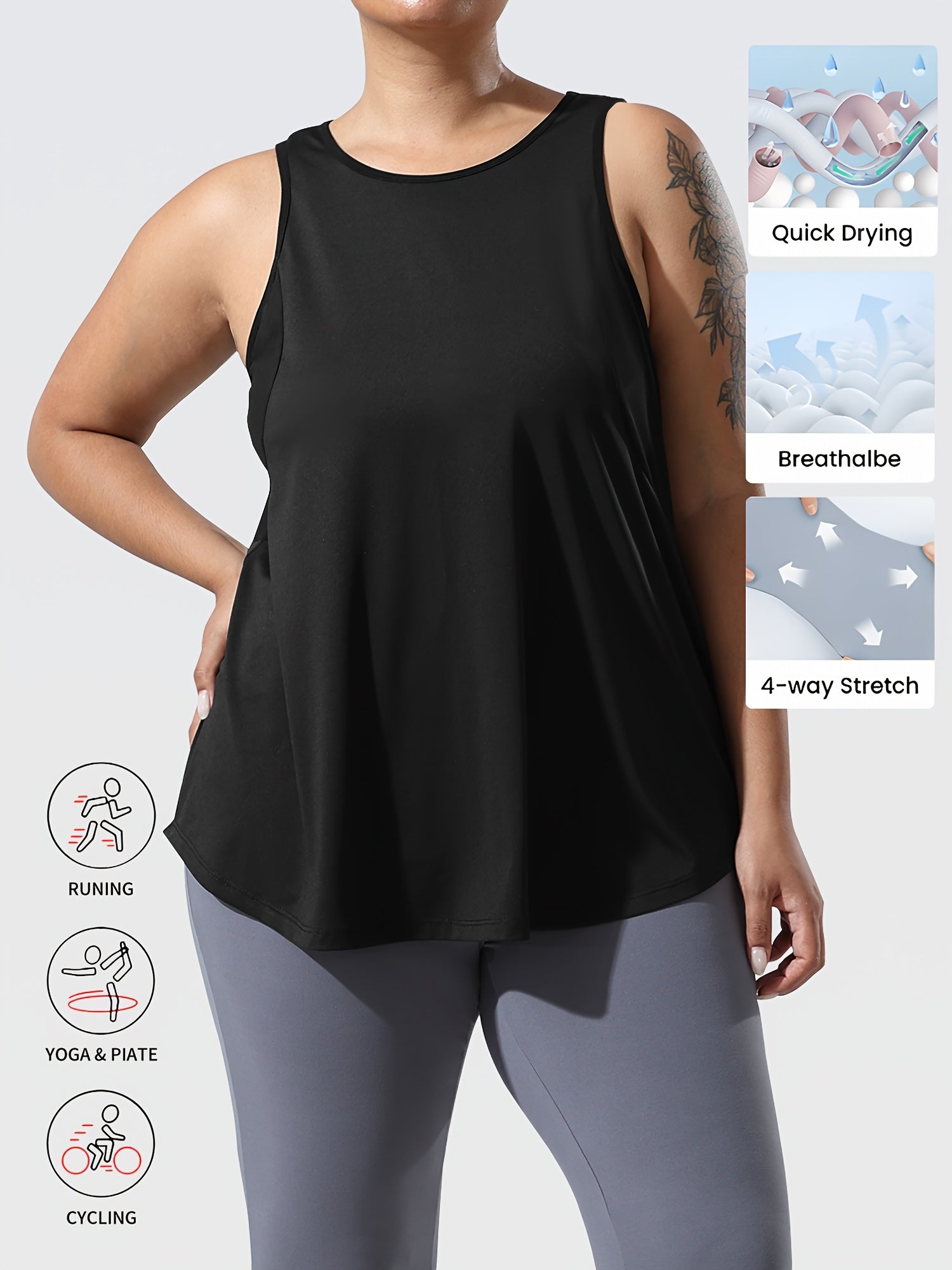 Топ без рукавов для женщин больших размеров с быстросохнущей тканью и сетчатой вставкой