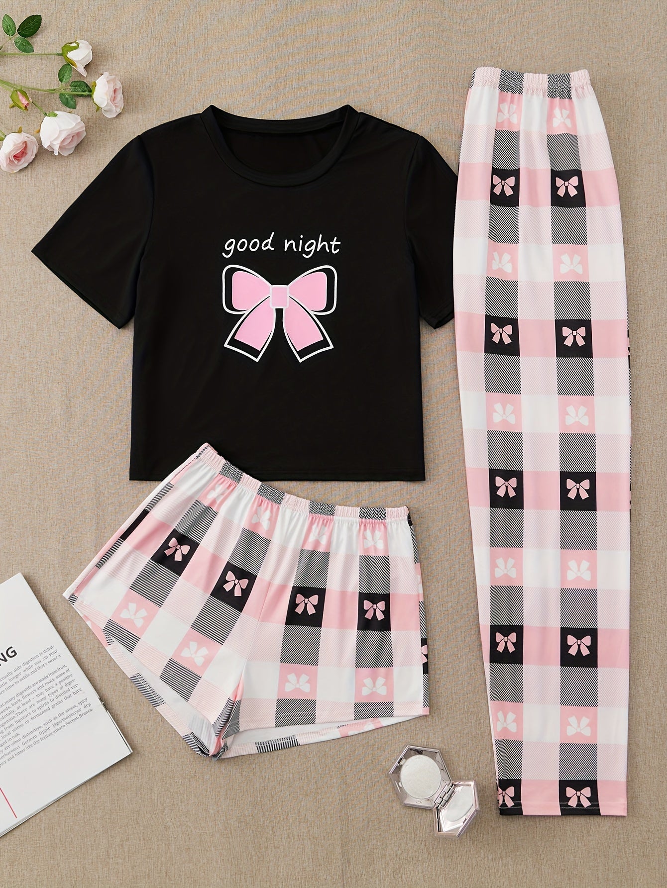 Women's Short Sleeve Pajama Set with Bow Print and Plaid Shorts