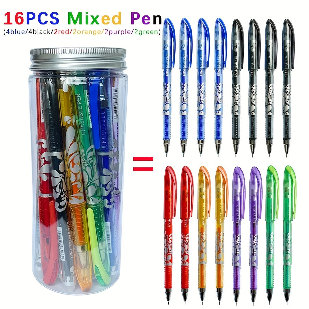 16 Erasable Gel Pens Set 0.5mm Tip in 6 Colors with Storage Bottle for Students Office