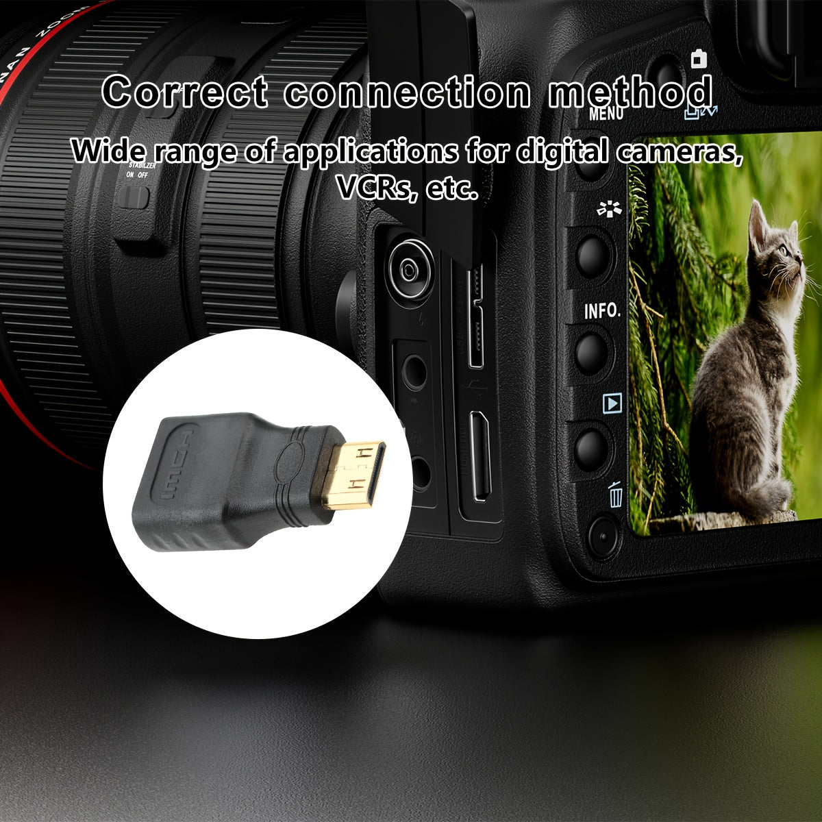 Kameralar, videokameralar, DSLRlar, planshetlar va video kartalarni standart HDTVlarga ulash uchun oltin qoplamali mini HDTV adapteri. 4K mosligini ta'minlaydi.