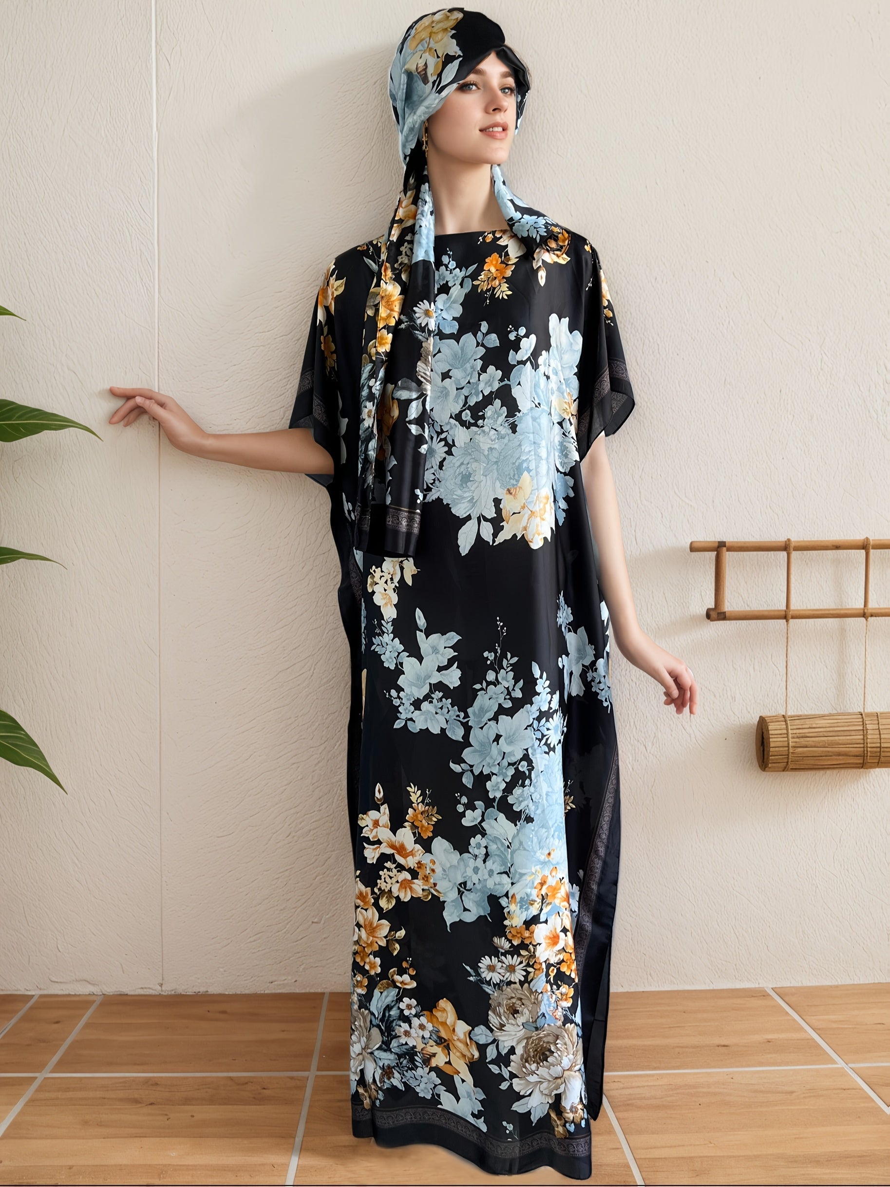 Plus Size Women's Black Floral Maxi Dress with Scarf, Short Sleeve, Loose Fit