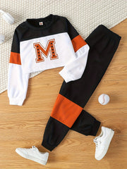 Kids' 2-Piece Spring and Autumn Letter Print Top and Stitching Trousers Set for Boys and Girls