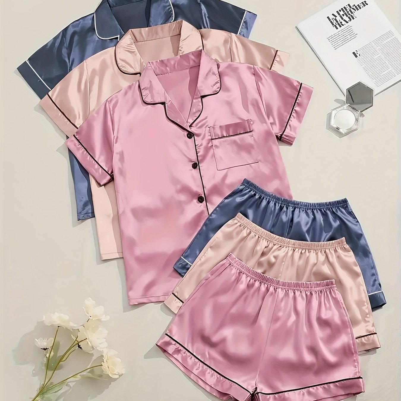 Women's Satin Sleepwear Set Short Sleeve Button Top Elastic Shorts Summer Casual
