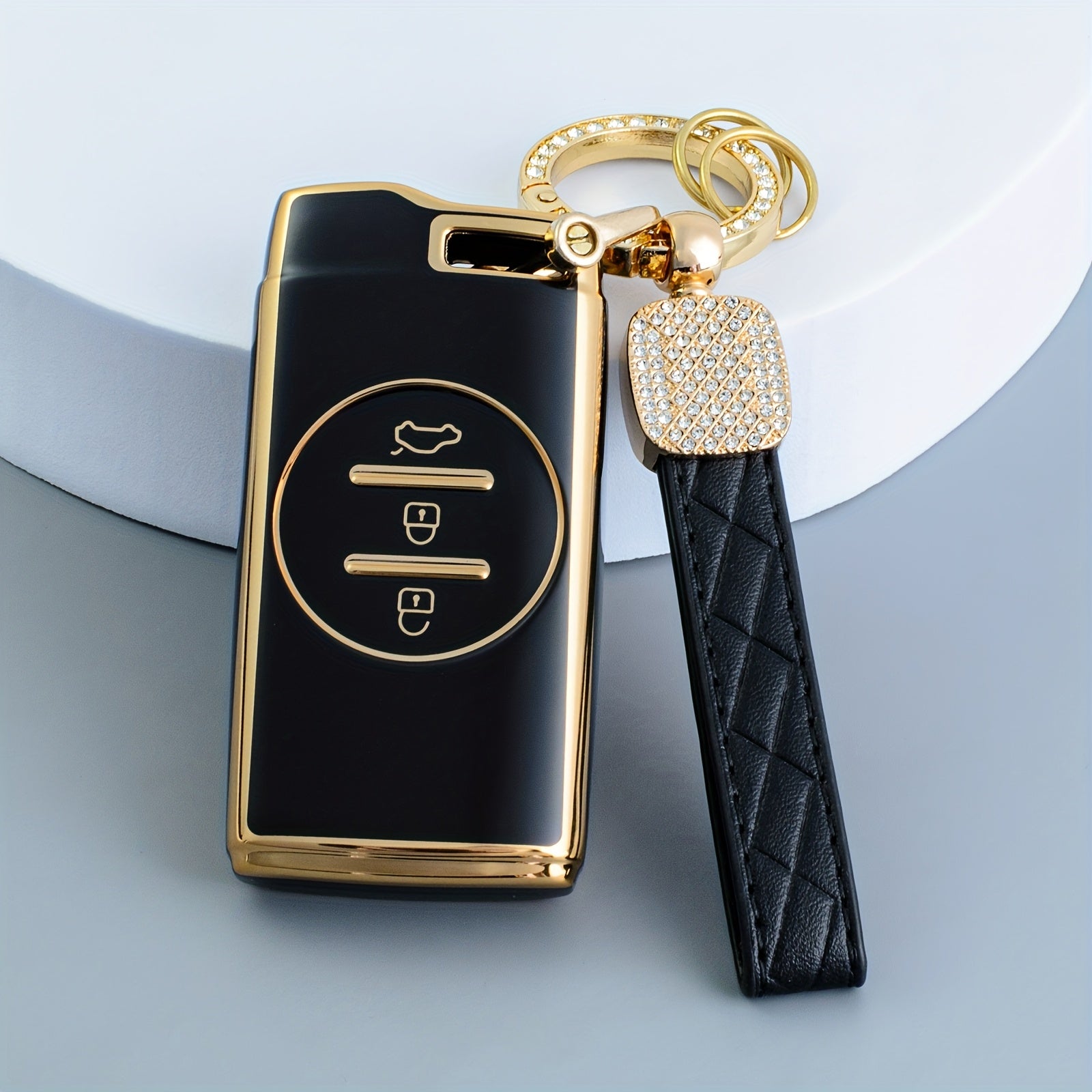 Elegant TPU Key Fob Cover with Keychain Black and Gold for SUVs