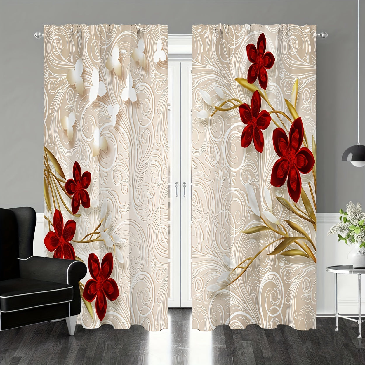 Floral Printed Curtains with Rod Pocket for Bedroom and Living Room Windows