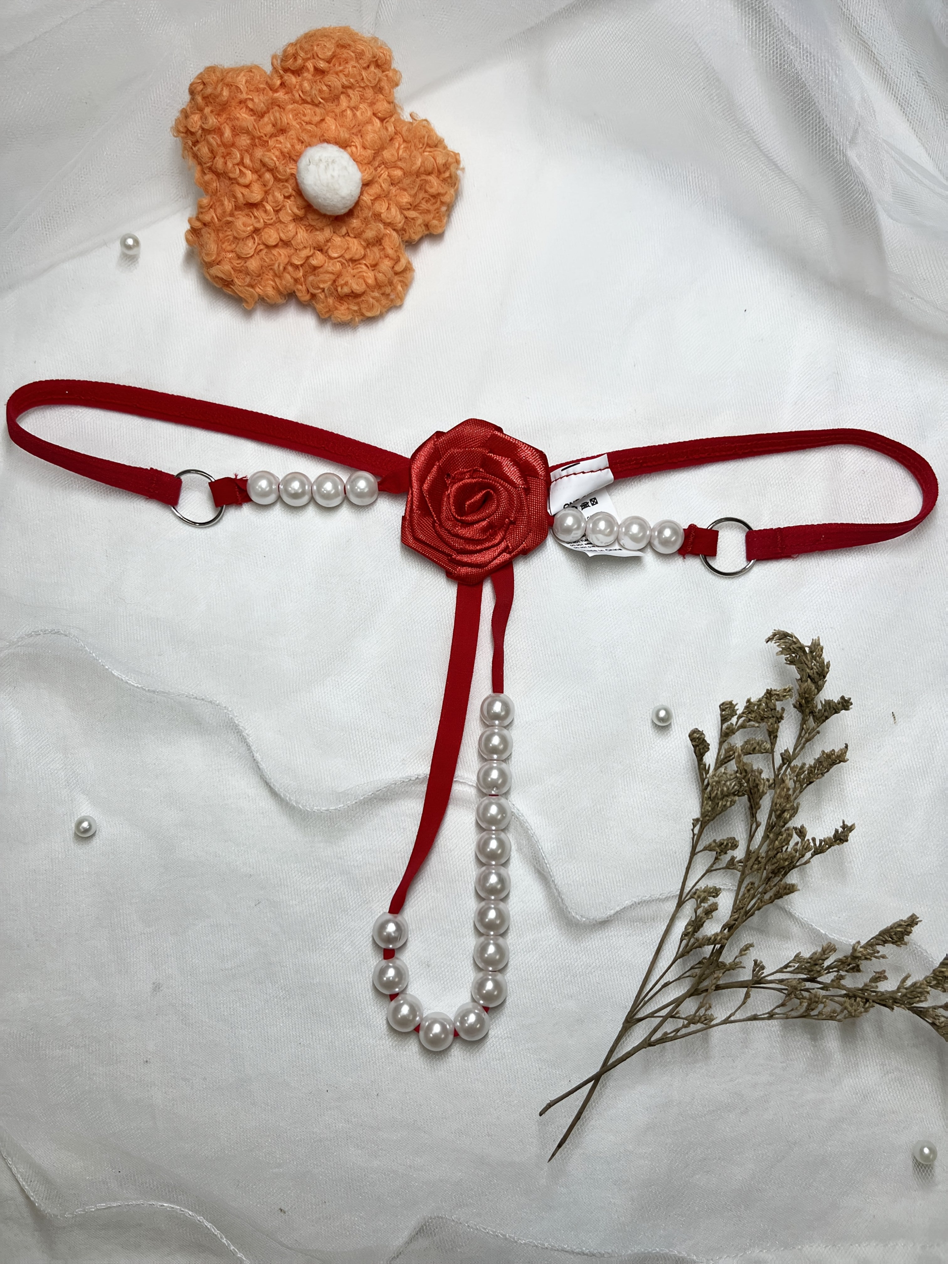 Women's Embroidered Rose G-String Lingerie Beaded Polyester Knit Adult Wear