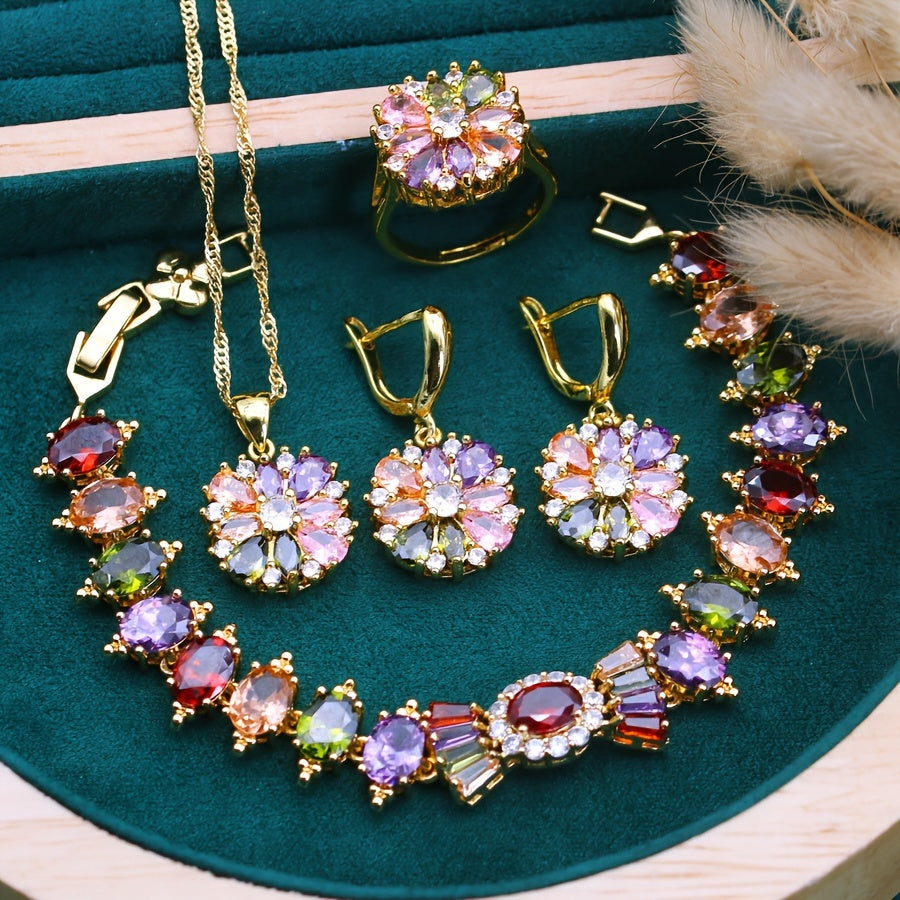 Juego de joyería de 5 piezas con zirconia cúbica chapada en oro para bodas y celebraciones