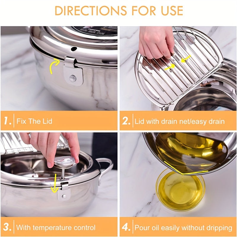 Stainless Steel Deep Fryer Pan with Thermometer 7.9 Inch Japanese Tempura Pot for French Fries Shrimp Chicken Wings
