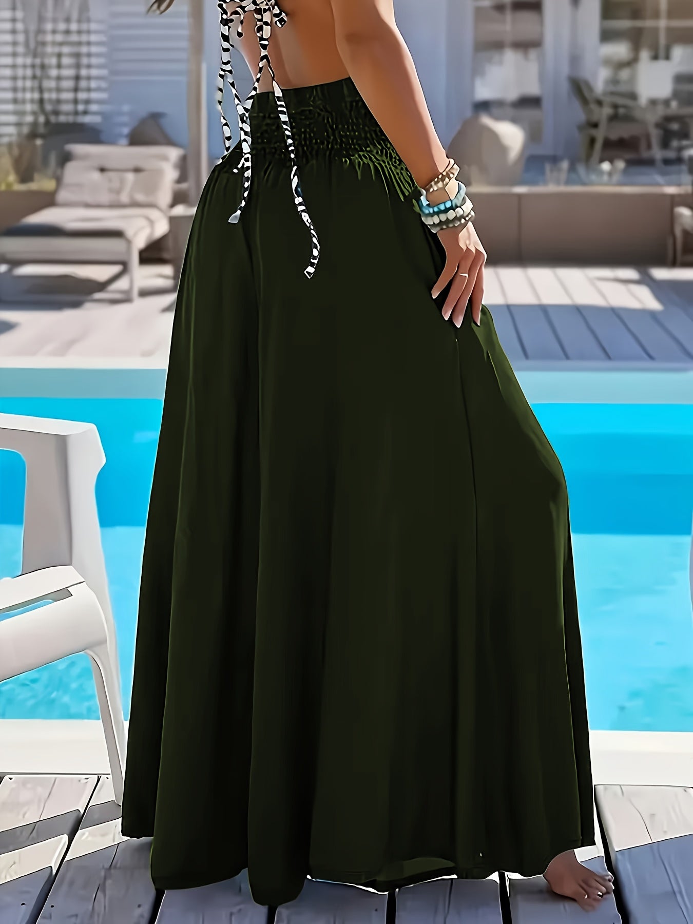 Plus Size Women's High-Waisted Wide Leg Pants Solid Green Polyester Casual